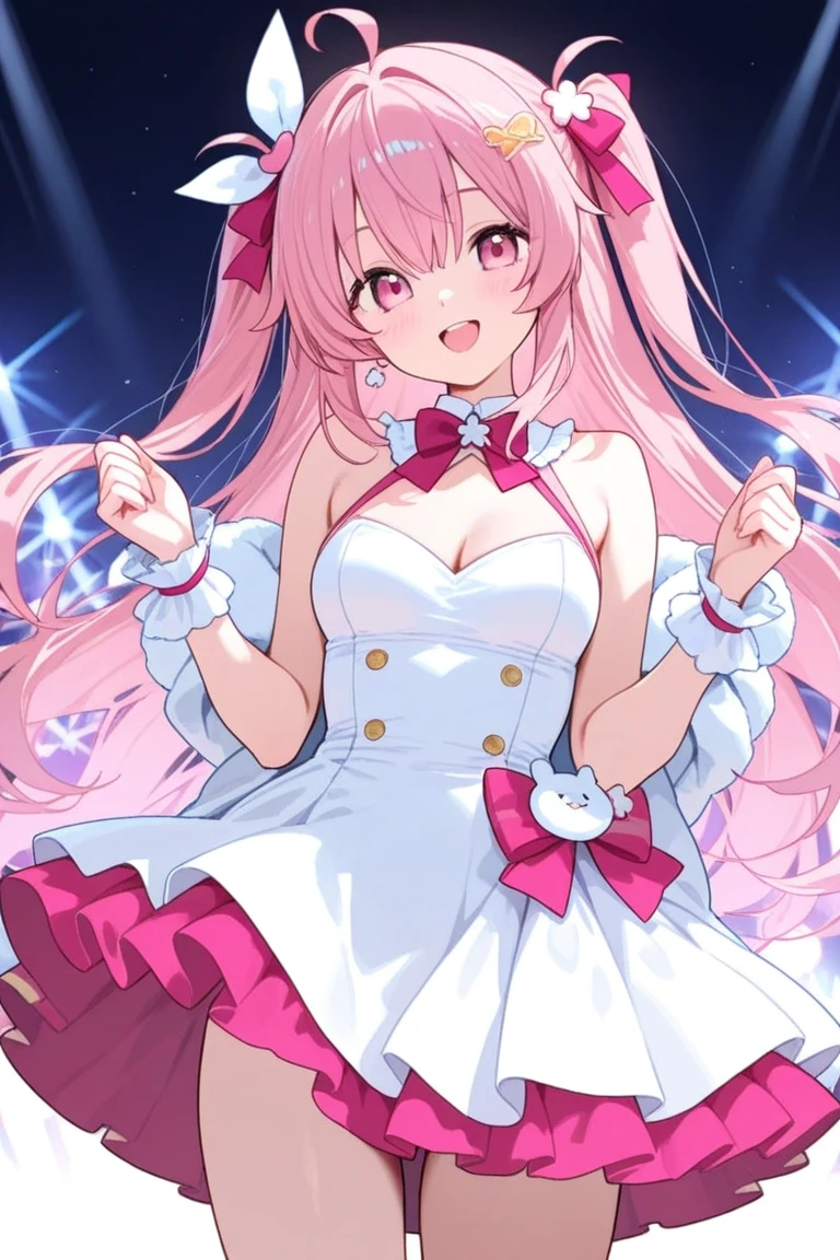1 girl, game CG, white dress, cleavage visible, shoulders visible, corset, white short skirt, white jacket, neck ribbon, white beret, gigantic breasts, pink hair, long hair, straight hair, ahoge, pink eyes, outstretched arms, smile,
