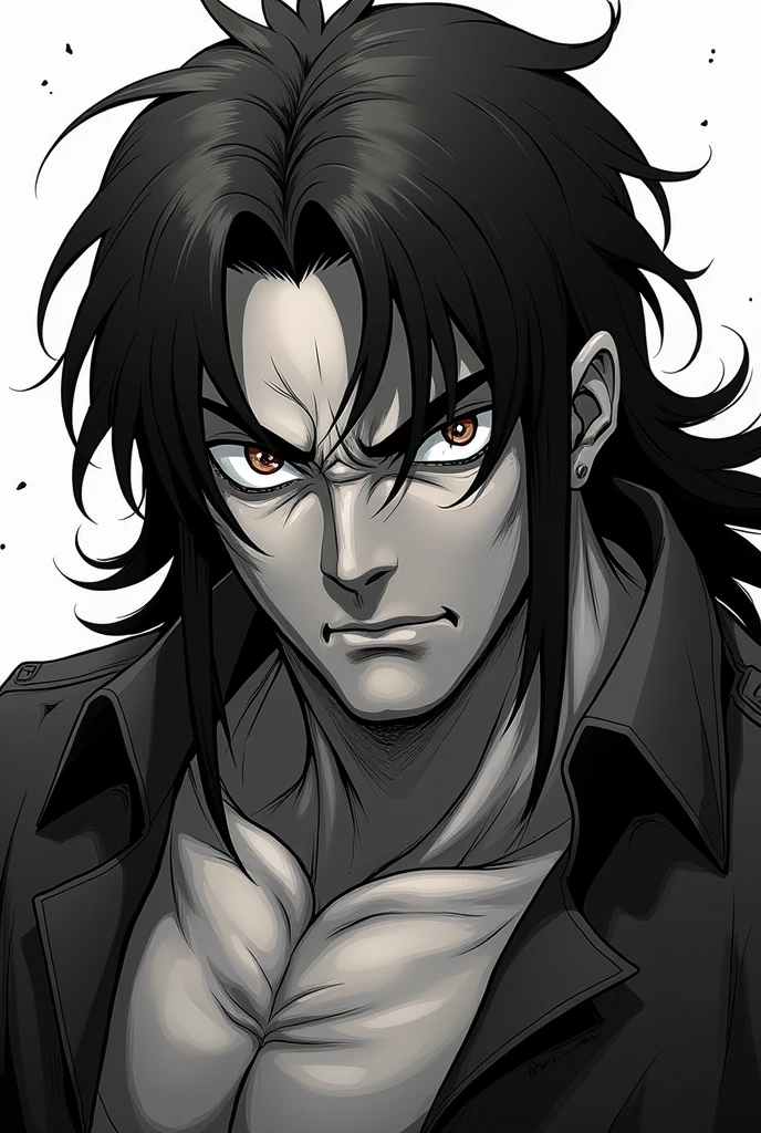 Anime man male with a ruggedly handsome appearance with a sharp and chiseled face, adorned by a large scar across his face. His thick eyebrows sit neatly above his sharp emerald green eyes as they furrow. His hair is long and black, cascading down his shoulders, covering his face, and creating a look of carelessness. He also has a very tall and athletic physique, covered in body hair and scars.
Create the image in a sharp anime art style