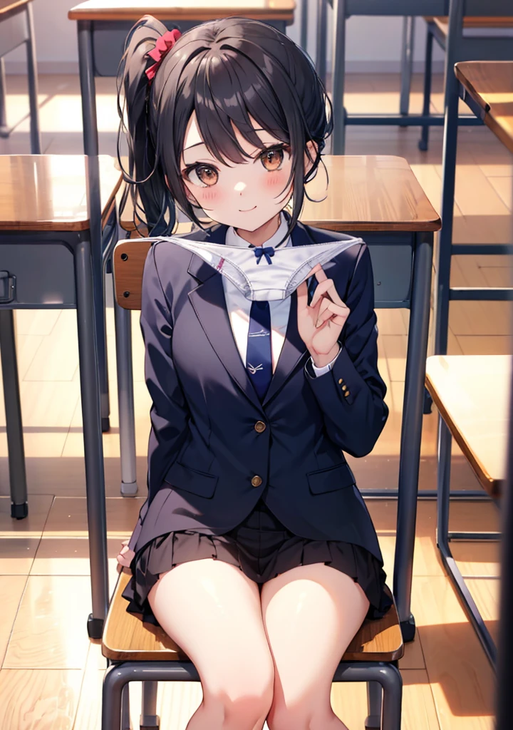 (masterpiece, 4K resolution, Ultra-realistic, Very detailed), girl、、、naby blazer、Sit on a chair、classroom、smile、Black Hair、Side Ponytail、Brown eyes,holding panties,presenting panties,Perfect Fingers、tie,white panties