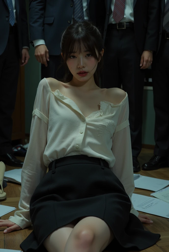 Sunglasses All Men、Only guys、When a man、Guys only、Lots of guys、(Thousands of men grab her breasts:1.8)、(Put your hand in the crotch:1.7)、(Grabbing the crotch:1.7)、（Lots of angry hairy black middle-aged men wearing sunglasses:1.8）、(Best Quality, 8K, masutepiece, Ultra HD: 1.3), 1girl in, small tits ,light brown hair, Blunt bangs, hair behind ear, hair over shoulder, Long hair, slender body shape, Ultra Fine Face, Delicate lips, Beautiful eyes, Double eyelids, lipsticks, thin blush ,Green eyes ,perfect glossy skin,flawless skin,fair white skin,perspiring,A gaze that invites you, Chest,Ultra-thin hands, Ultra-fine fingers, （White collared shirt:1.4）, （Black tight business mini skirt:1.5）、（The skirt is worn:1.4）、NSFW:1.1, beauty legs ,pumps. (areola is visible:1.2)、(The nipple is visible:1.2)、(Sleep on a desk with the desk as a backrest)、(Resting your elbows on the desk and trying to stand up)、(Lying on the desk:1.9), (astonished face:1.3)、[[[[lower back、breastsout]]] ]、being thin、（Many hands touch her:1.9）、In a well-lit room、(Brighten the background:1.5), （Don't look here）、（Normal finger）、（accurate fingers）、（open one's legs）、（Diverse poses、Diverse angles:1.2）、
