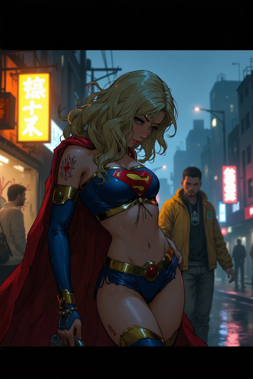 a digital painting of supergirl merging with venom, long hair, cyberpunk art by Josan Gonzalez, winner of the behance contest, afrofuturism, synthwave, neon, shiny neon, thick thighs, thin waist, sensual, nsfw, little clothing, erotic art, anime, torn battle clothes, extremely sexualized, sweaty body, NSFW, big breasts, big ass, HD, 8k, High quality, details, perfect body, Highlight the body, detail on the perfect face, detail in the background
