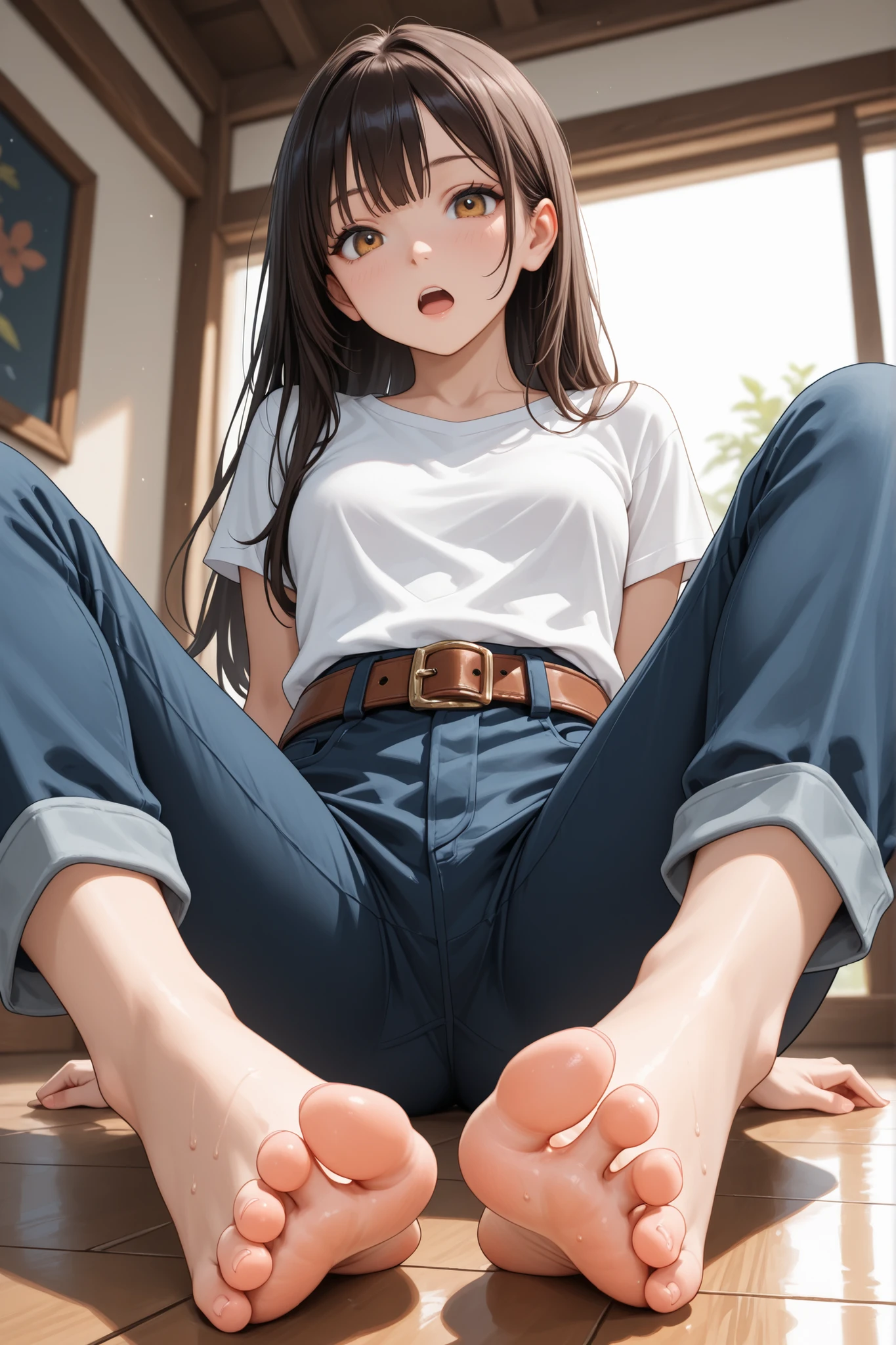 1girl, barefoot, solo, soles, feet, open_mouth, foot_focus, pants, long_hair, toes, shirt, belt