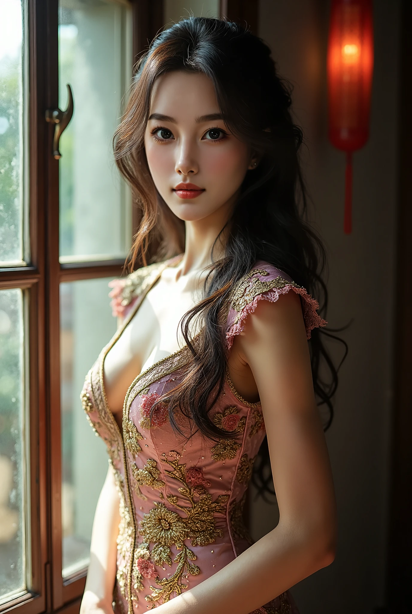 Best quality,masterpiece,high resolution,1 Girl,Tyndall effect,realistically,Edge lighting,Two-tone lighting,(High Detail Skin:1.2),8K Ultra HD,Pure,Sweet,Floral Background,Color Background,Physically Based Rendering,Perfect light and shadow,extremely high detail,Pink,Eye Reflection,Sexy highlighted,Perfect body,Excellent appearance,big eyes,Long eyelashes,Delicateeyes,Large, shiny eye pupil reflection,Shoulder and neck details,Pupil texture is delicate,Perfect eyes,Black pupil,Best quality,masterpiece,16K,photo,avatar,Maximum chest,,(((Full and soft breasts,)))(((Large Breasts))) (((Cleavage))),Long sleeve,Take care of your breasts,Large Breasts,精致avatar