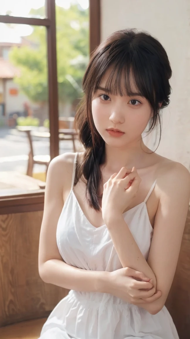 8K,Caucasian girl、Background Blur、super high quality、sunlight、Fair-skinned beautiful girl、、Young Breasts、Small breasts、Confused expression、Clear contours、Adult atmosphere、high resolution skin、Fair and beautiful thighs、Young face、Innocent face、Hair tied up with hair accessories、Well-formed face、、Open your mouth、Wet lips、Hold the penis in your hand and lick it with your tongue out、Off-the-shoulder dress shirt、slouch、Cloudy semen is poured on、Male genitalia pierced in the groin