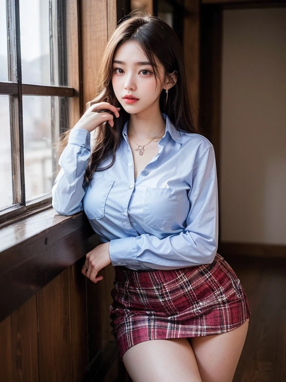 20 year old woman, korean:1.2, pose sexy, big breasts, ((clothes with neckline)), professional photo, perfect body, loose hair, ((cinematographic lighting)), masterpiece, ((tongue out)), seductive smile, weight hard, (((sexy , short plaid skirt, tied shirt))), classroom, sitting at a desk