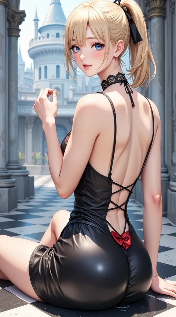 (facing back:1.5)、(high-level image quality、hightquality、hight resolution、detaileds、masterpiece)、(There are mature and beautiful women)、I'm 43 years old、Smile at the camera、(A pure Japanese hairstyle with a beautiful hairpin)、、(being thin:1.2)、(Small:1.2)、(Bra and thong with large kimono-style decorations:1.2)、She wears a collar, bangles, and a kimono-style garter belt.、(holding a golden dragon in both hands)、The pose is so cute and nice、thicc figure, ass focus, back view, looking back at viewer, looking back, looking at viewer, Detailed eyes, perfect face, perfect eyes, Detailed face, integra, integra hellsing