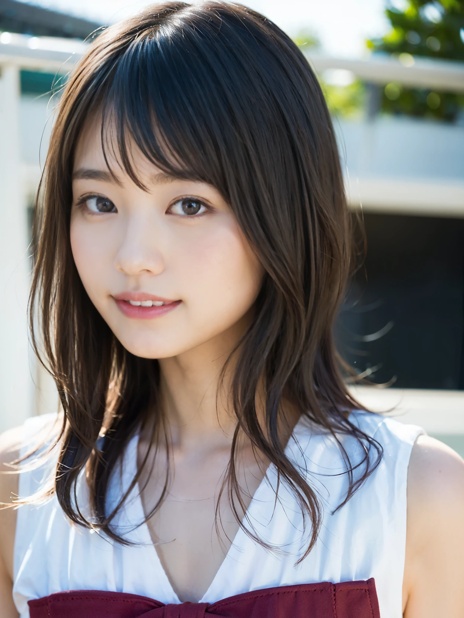 (RAW Photos, highest quality), (Realistic, Photorealistic:1.3), Tabletop, Very delicate and beautiful, Soft Light, (Brown Hair, Long wavy hair swaying in the wind, Asymmetrical bangs), Beautiful detailed girl, (Detailed fingers), Highly detailed eyes and face, Beautifully detailed nose, Beautiful fine details, 1 girl, Japanese, Pure beauty, cute, young, smile, beautiful girl、Small breas Chest、Small nipples、Beauipples、Small areolochromia iridiistic face, Realistic body, Outdoor
