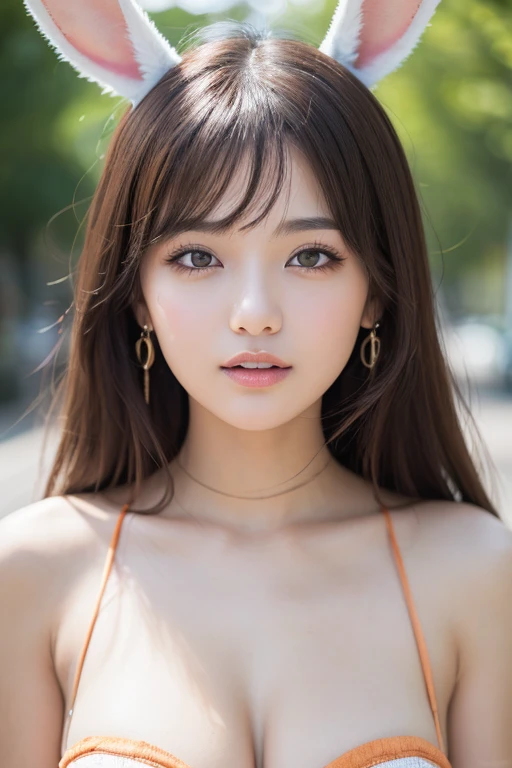 RAW photo, (best quality, 8k, 32k, masterpiece, UHD:1.2), ultra high resolution, (pretty a Korean early girl:1.3), beautiful detailed eyes, long brown hair, bangs, (wearing magenta tank-top), big breasts, cleavage, portrait, (crowded city boulevard on a bright sunny day:1.2), (detailed background:1.5)