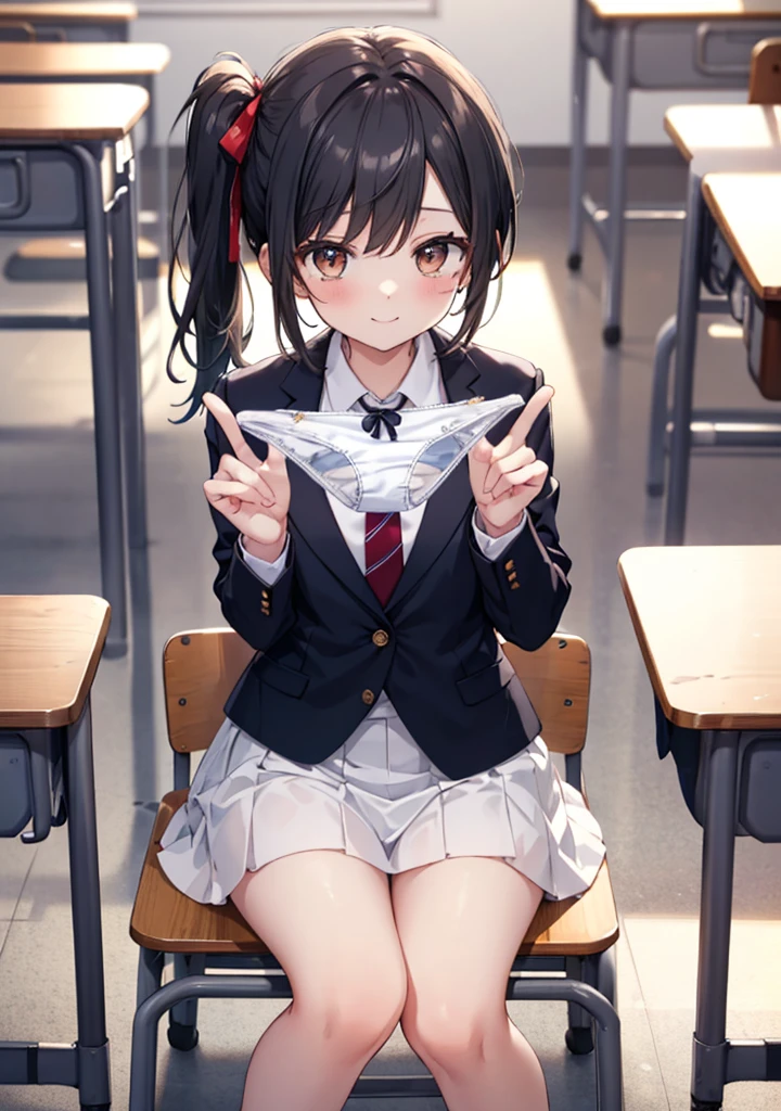 (masterpiece, 4K resolution, Ultra-realistic, Very detailed), girl、、12 years old、blazer、Sit on a chair、classroom、Holding white panties with both hands、smile、Black Hair、Side Ponytail、Brown eyes,holding panties,presenting panties,Perfect Fingers、tie