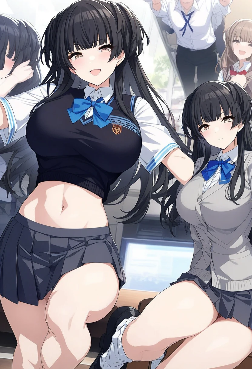 wide shot, big breast, black blazer, pleated mini skirt, closed eyes, open mouth, black hair, holding gun, fluttering skirt, exposed white underwear, many girls laying on the ground, multiple girls, torn clothes