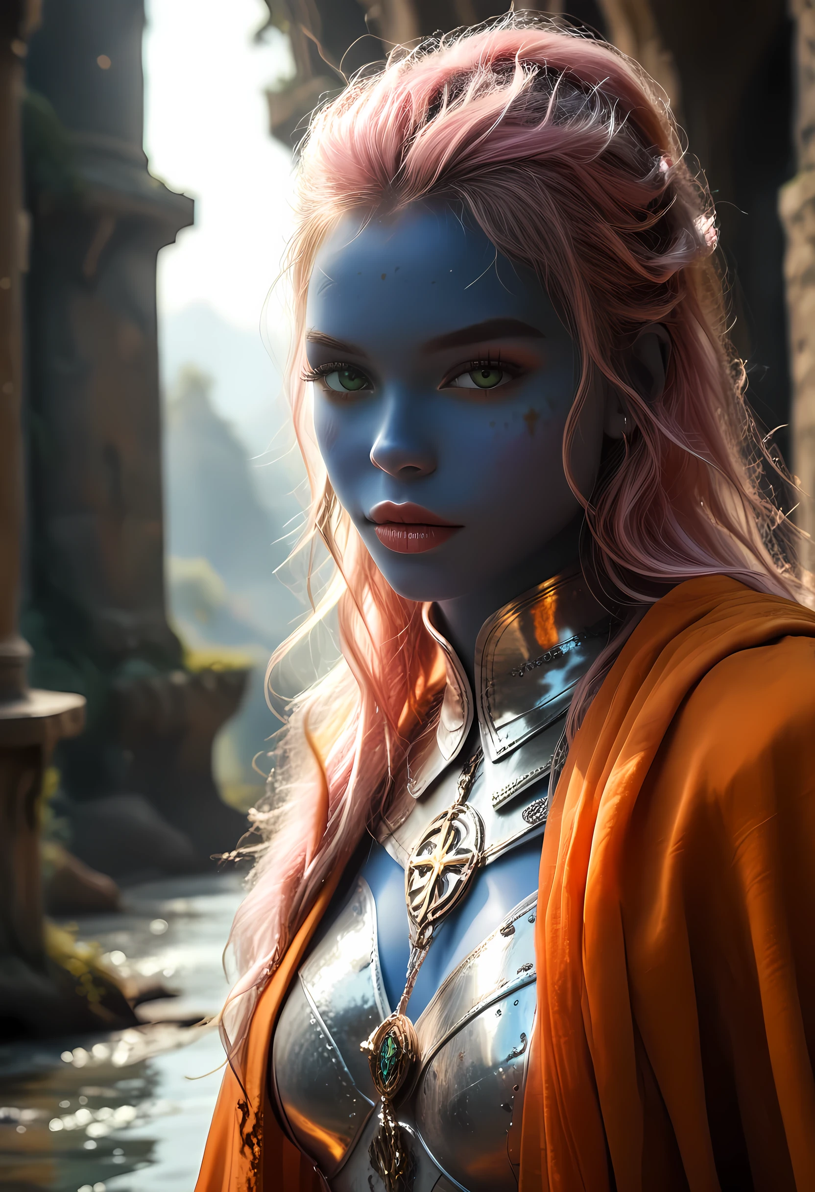 picture of a female cleric ((dark blue skin)), intense details facial details, exquisite beauty, cleric, ((dark blue skin)) female, ((pink hair)), long hair, (((no ears))), (green eyes)), armed with a fiery sword red fire, wearing (twilight priestly combat vestments), wearing white armor, wearing high heeled laced boots, wearing white armor, wearing an (orange cloak:1.3), wearing glowing holy symbol, fantasy art, dnd art, RPG art, wide shot, (masterpiece: 1.4) intense details, highly detailed, photorealistic, best quality, highres, within fantasy temple background, reflection light, high details, best quality, 16k, [ultra detailed], masterpiece, best quality, (extremely detailed), close up, ultra wide shot, photorealistic, RAW, fantasy art, dnd art, fantasy art, realistic art,((best quality: 1.5)), ((masterpiece: 1.5)), (detailed), perfect face, strapless, lace up stilettos, fantasy, Fantasy background