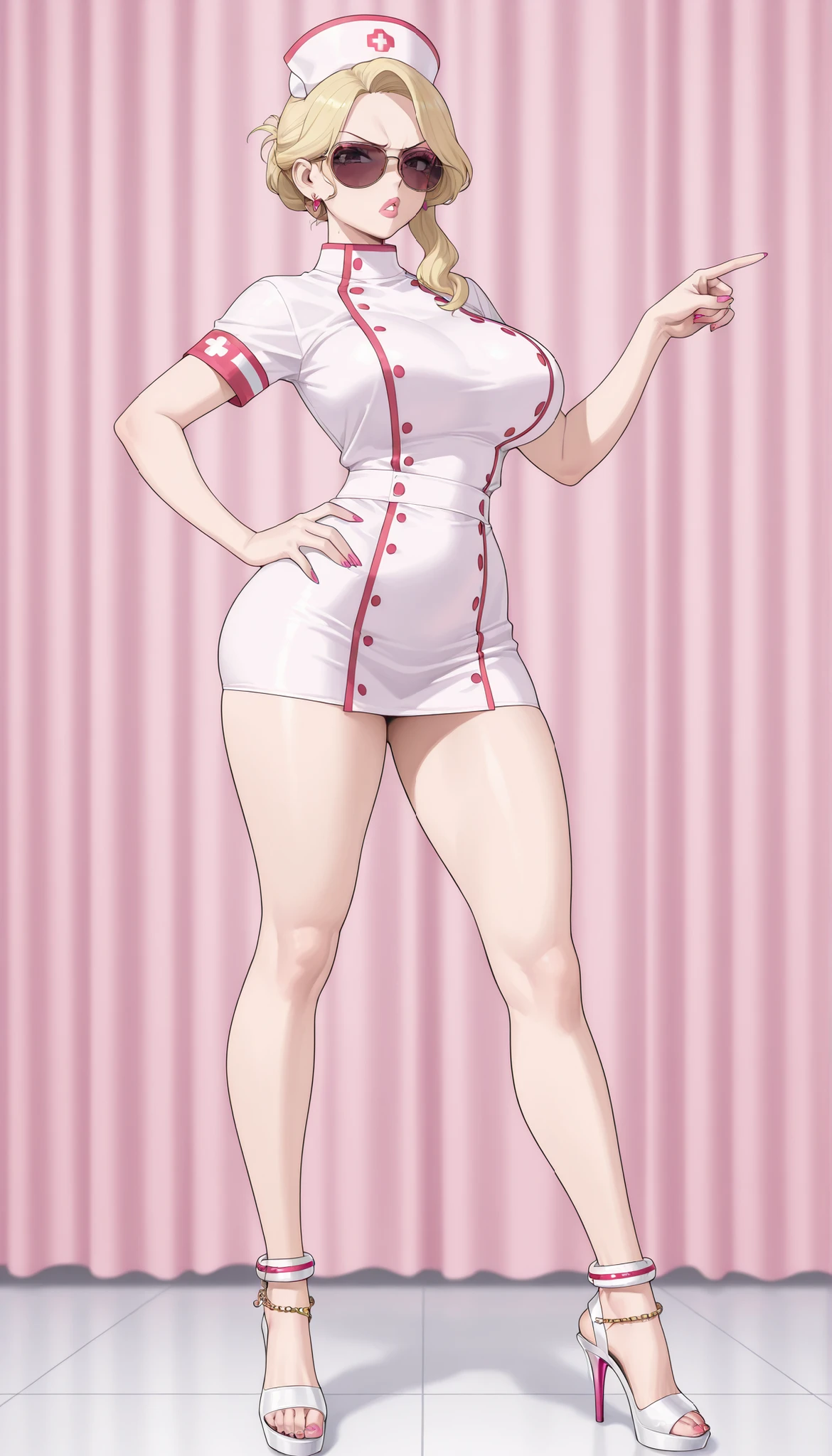 A mature beautiful woman with blond hair, extremely fair white natural skin, red plump glossy lips, pink nails, a small waist, and a perfect sexy voluptuous curvy body. She's only wearing a revealing skimpy mini short pink nurse dress, sunglasses, chockers, feet anklets, and tall heels. She's standing, one hand on her hip, pointing at the user, with a cute angry expression. Show her full body and super hyper-detailed.