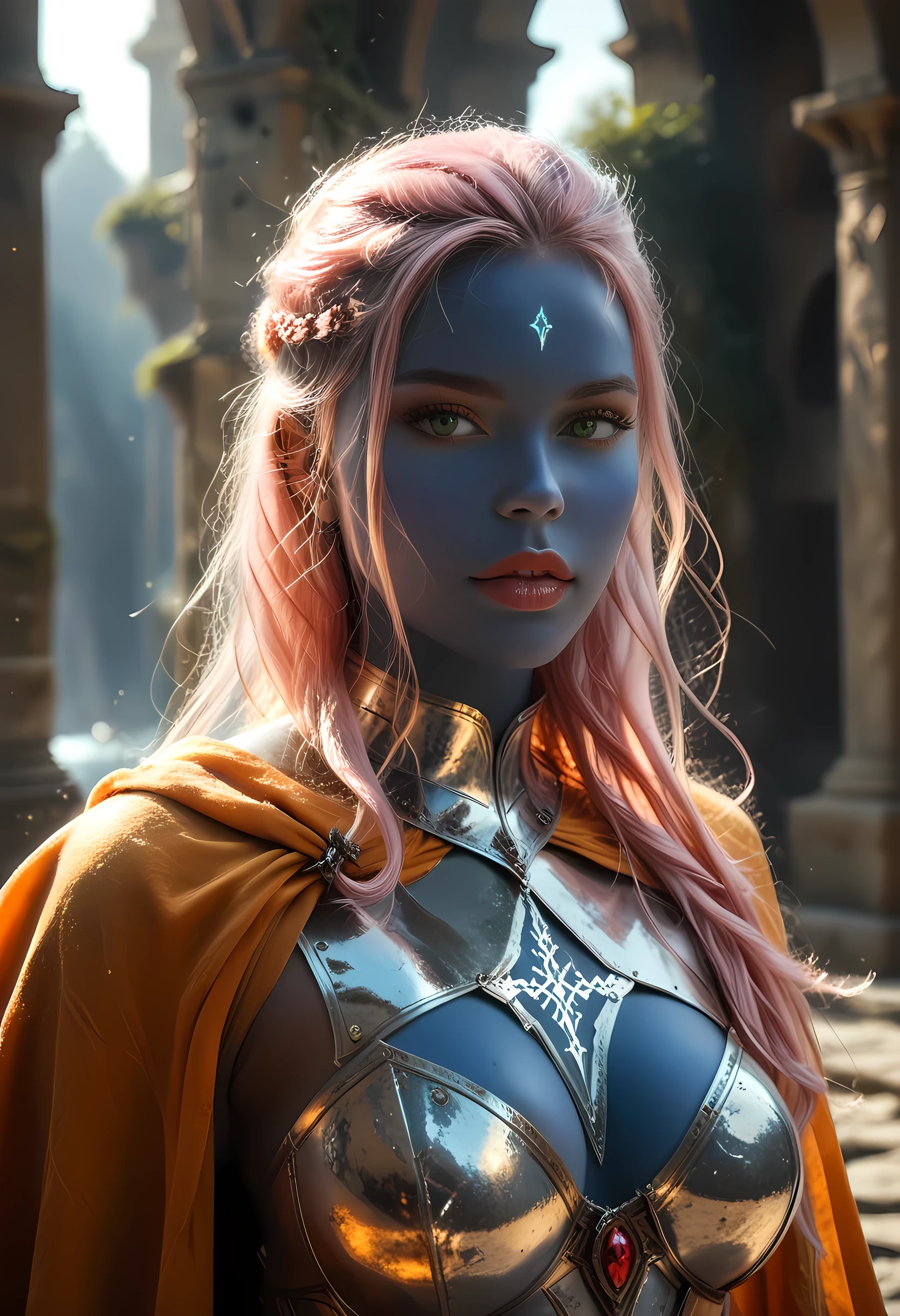 picture of a female cleric ((dark blue skin)), intense details facial details, exquisite beauty, cleric, ((dark blue skin)) female, ((pink hair)), long hair, (((no ears))), (green eyes)), armed with a fiery sword red fire, wearing (twilight priestly combat vestments), wearing white armor, wearing high heeled laced boots, wearing white armor, wearing an (orange cloak:1.3), wearing glowing holy symbol, fantasy art, dnd art, RPG art, wide shot, (masterpiece: 1.4) intense details, highly detailed, photorealistic, best quality, highres, within fantasy temple background, reflection light, high details, best quality, 16k, [ultra detailed], masterpiece, best quality, (extremely detailed), close up, ultra wide shot, photorealistic, RAW, fantasy art, dnd art, fantasy art, realistic art,((best quality: 1.5)), ((masterpiece: 1.5)), (detailed), perfect face, strapless, lace up stilettos, fantasy, Fantasy background
