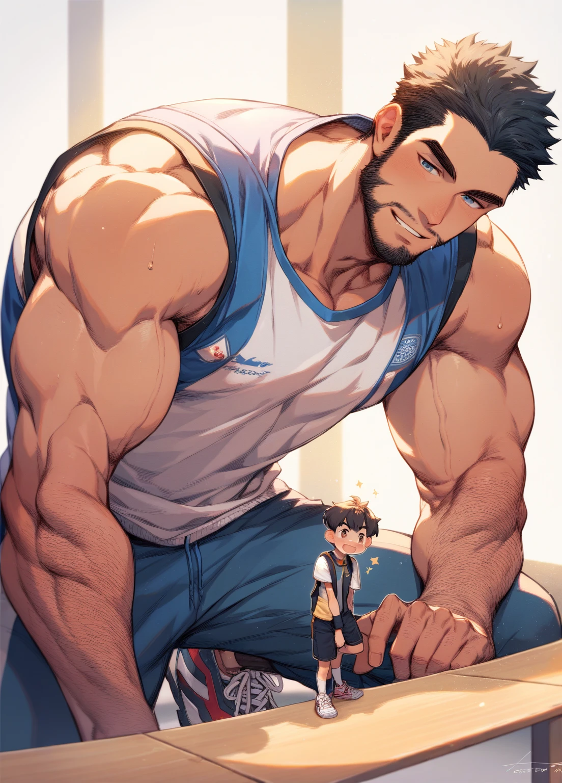 Double,Show your thick arms to the audience,closeup of arms,Thick arms,(masterpiece,best quality,H),1 person,Nude boy,Very shy,My face turned red,Shy,muscular,Delicateeyes,nude,(nude),blue eyes,Shirtless,Body,Blue purple short hair,(fluorescent lamp),(a color),((Blue Background)),Shorts with white stripes,White textured socks,