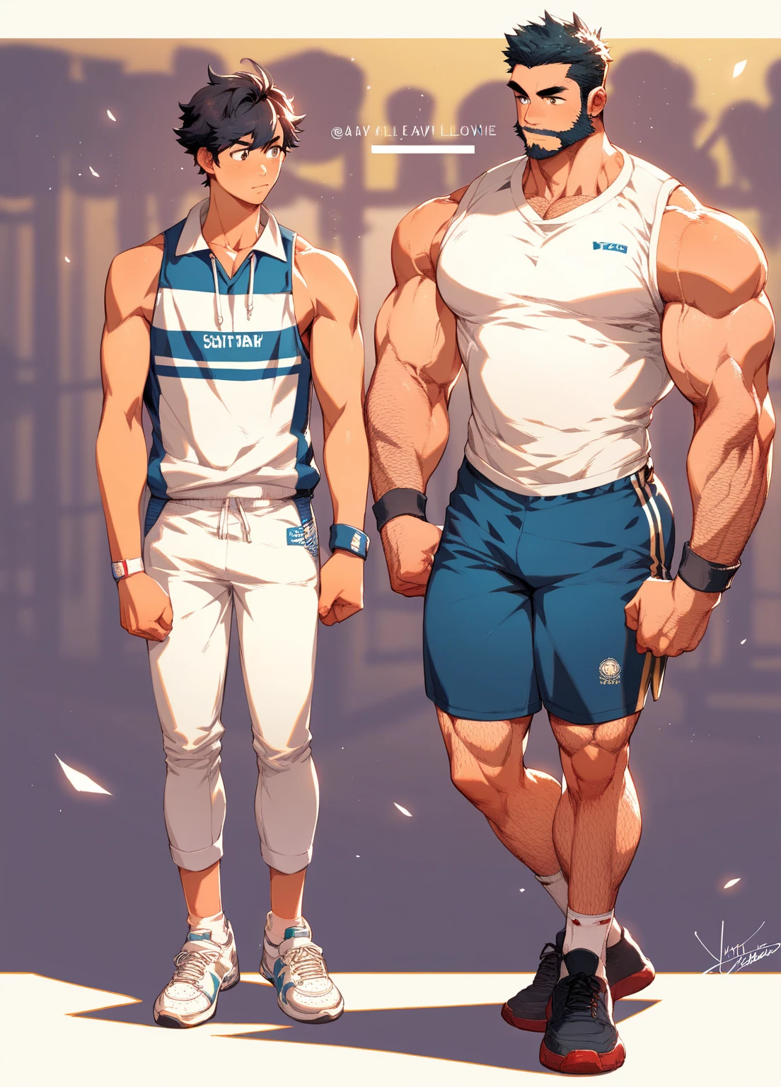 Muscular man、Gay、manly、Highest quality、Body hair、sweating、Sports haircut、Couple holding hands、sports gym