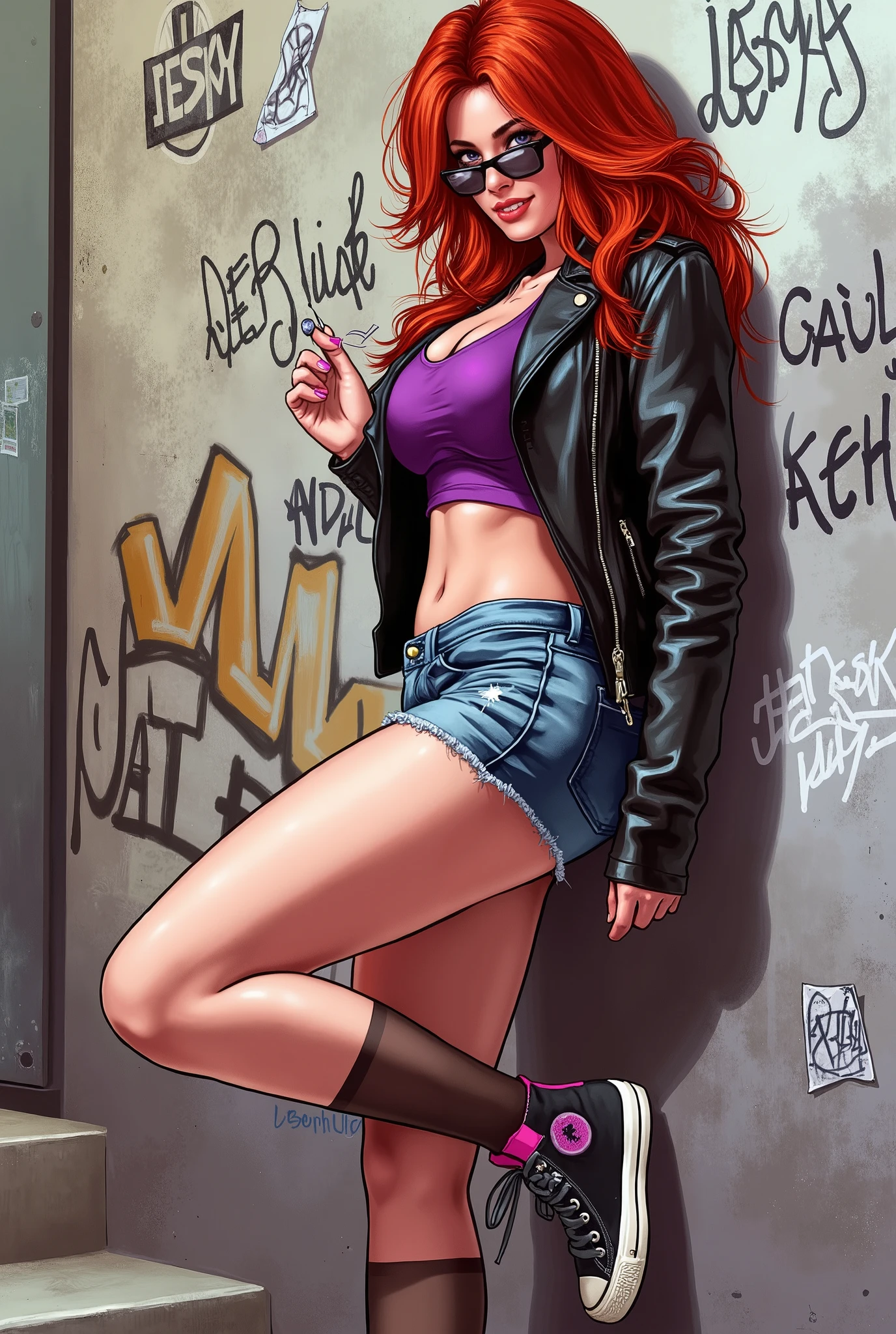 Beautiful red-haired woman wearing an open leather jacket showing a purple top and short shorts with tights and black high-top sneakers with pink details, sunglasses slightly lowered showing a little of her violet eyes, a lollipop in her mouth, long hair and wavy at the ends, leaning against a wall with several different graffiti drawings and letters writing JESSY, one leg bent and resting on the wall, one hand on the lollipop and the other on her waist, looking forward, penetrating gaze, ((masterpiece)), ((detailed)), ((bright colors))
