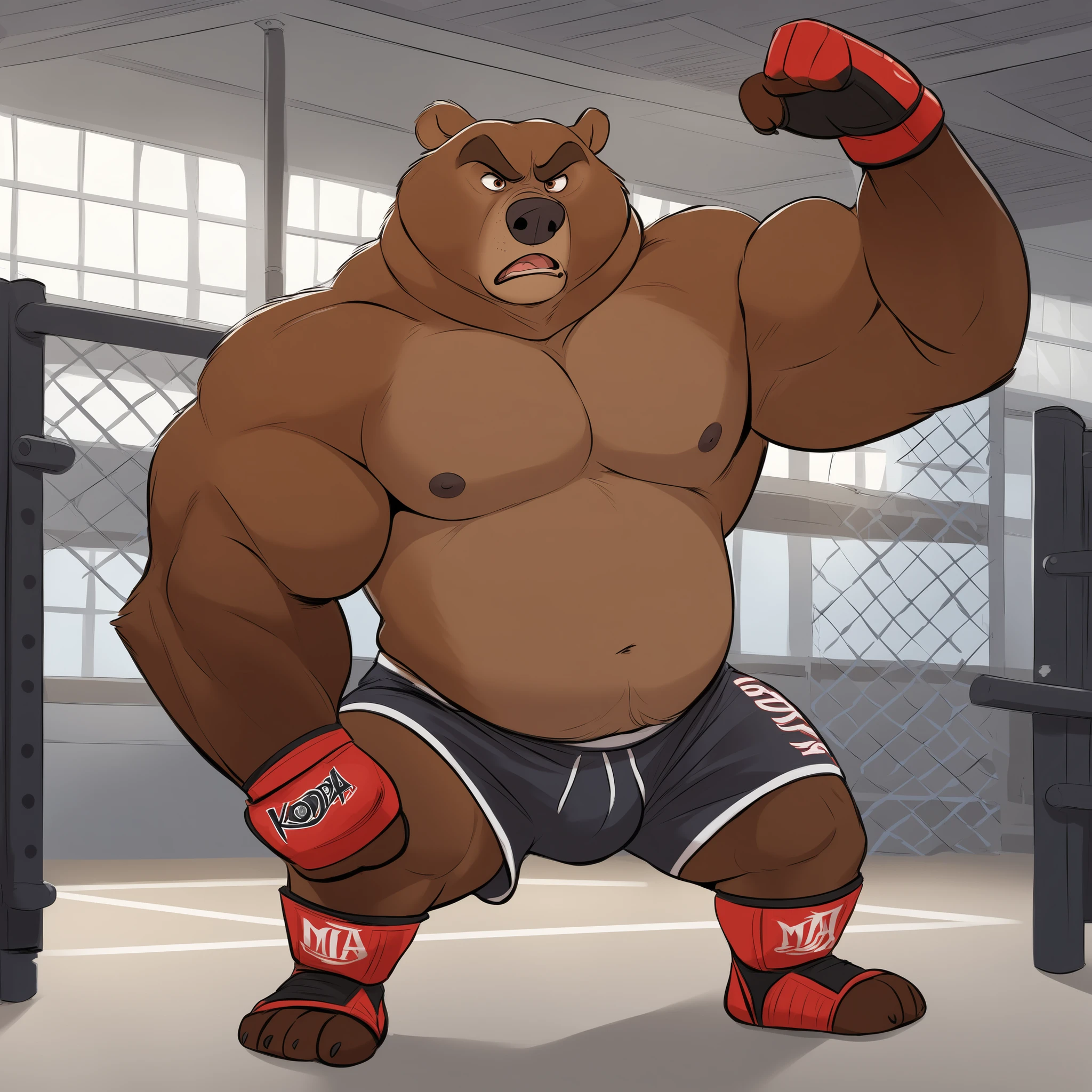Solo, 1boy, Muscular Old, angry, focus, grunting, wide shoulder, pectoral, thick arms, huge pectoral, wide pectoral, shirtless, topless, height: 220cm, weight: 440lbs, a Kodiak brown bear in an MMA shorts with red slits wearing an MMA gloves with red knuckle pads and an ankle support brace as he workouts in the gymnasium warehouse, Walt Disney 2D Zootopia Animation Art Style,
