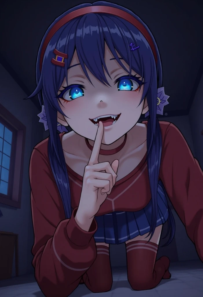 Nsfw,1boy,1girl,fellatio,(((clothed))),(best quality:1.4, masterpiece, 4k, details), Hoshino Ai, long hair, purple hair, streaked hair ,purple eyes, star-shaped pupils, hair ornament, on stage, smile, right hand pointing at camera, holding a mic with the left hand,extremely detailed eyes, glowing eyes, highest quality digital art, Stunning art, wallpaper 4k