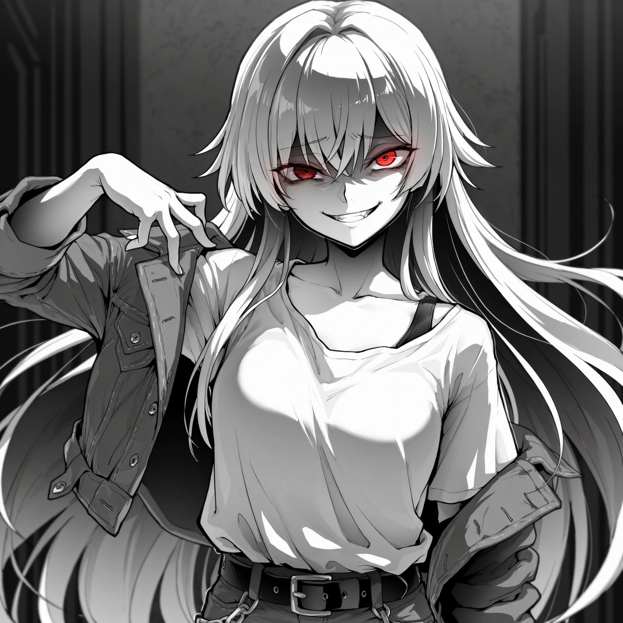 masterpiece, best quality, amazing quality, very aesthetic, high resolution, ultra-detailed, absurdres, (hands:-0.22),
1girl, woman, solo, (looking at viewer, medium shot:1.19), monochrome, greyscale, ebiblue, gesugao, crazy smile, smirk, (FuHua, Fol005, Fh_Hos, fu hua:0.33), red eyes, white eyes, heterochromia, very long hair, denim jacket, loose t-shirt, belt, chains, wallpaper,
BREAK, depth of field, volumetric lighting