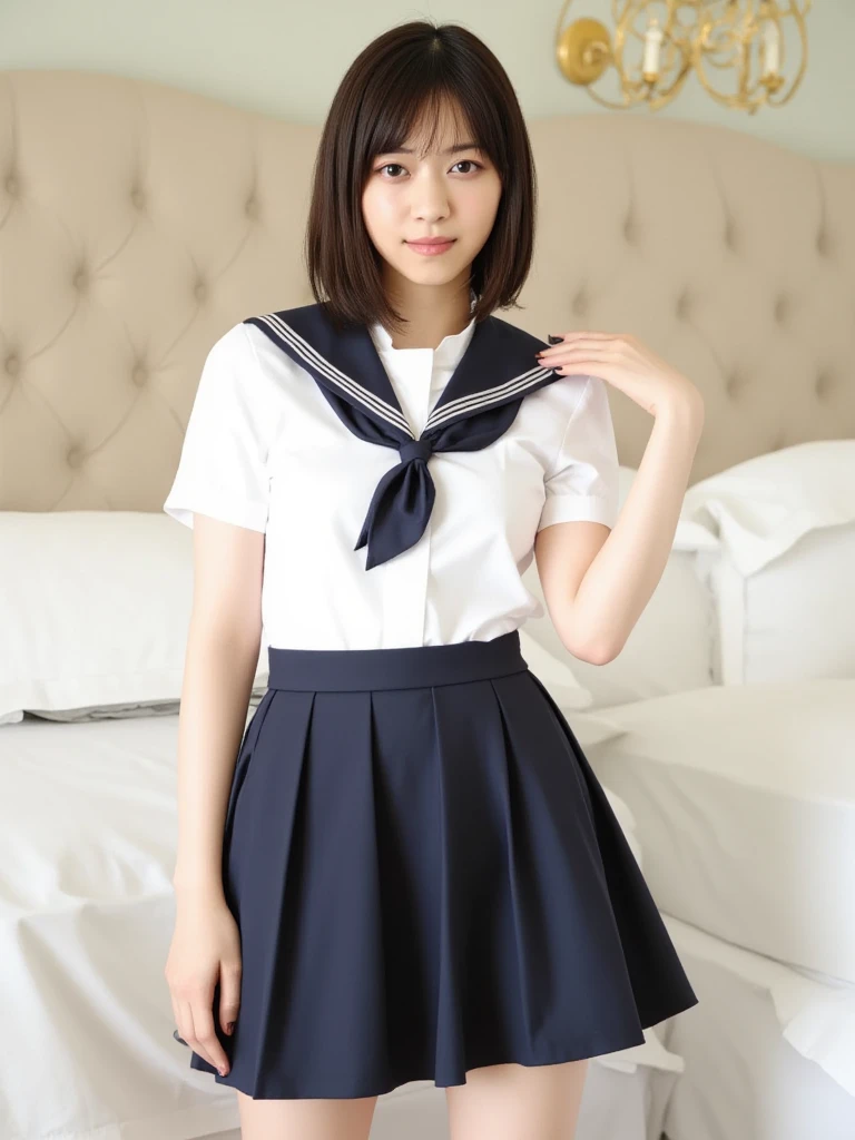 One girl, short hair,Black Hair,smile, summer, room,Sitting on the bed, Legs together,front, Junior high school freshman, Looking up from below, Sailor suit, transparent, (masterpiece, Highest quality), Soft Light, Structure of the film, Cinematic