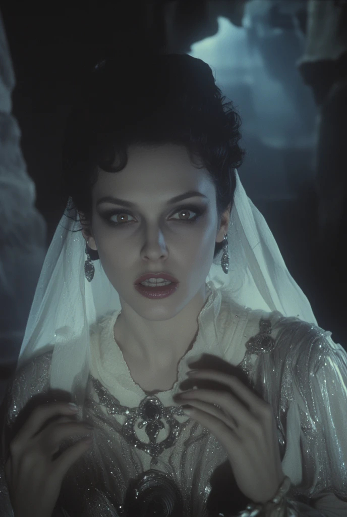 Cinematic images from the horror film Mario Bava, Full medium close-up, uma linda mulher de 18 anos parecida com Bella Thorne, longos cabelos ruivos, Pale and soft skin, rosto bonito e jovem, Sobrancelhas bem definidas, Olhos azuis claros, nariz delicado, plump, round lips, walks in a gothic cemetery at night wearing a white wedding dress, Fog and rainy condition, ghostly atmosphere, Anos 1600, (Alto Detalhe da Pele: 1.2), ultra-detalhado, photo-realistic, profundidade de campo, Cinematic lighting, imax camera, HDR, DTM, Full HD, 8k