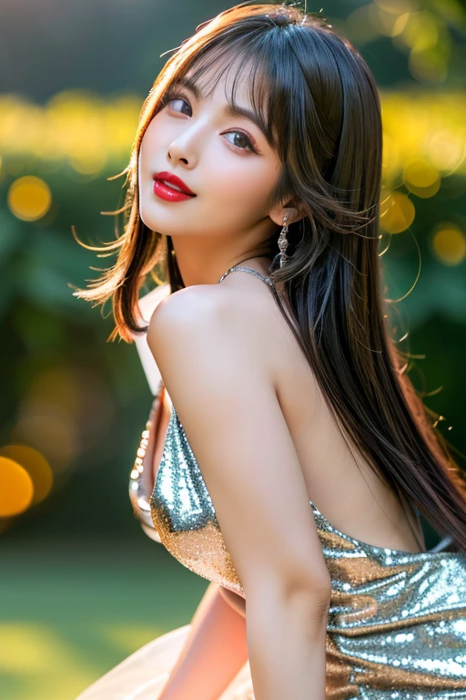1 girl lying in the park at night,Clear sky in the background. Park benches and soft lighting, Rear photo, (Side photography), looking back at the viewer, (Masterpiece), ((Ultra-detailed)), (Highly detailed), (Expressionless), (Best quality: 1.2), 8K, hdr, A high resolution, absurderes: 1.2, Object perspective, Blurred background, Bokeh: 1.1, Lens flare, (vivd colour: 1.2), High quality texture, Detailed texture, High-quality lighting and shadows, a face with perfect proportion, full bodyesbian, Mature and excited body, Detailed skin texture, vibrant, pale and radiant skin, natural saggy breasts, gigantic bosom: 1.5, High waist, Narrow waist: 1.3, Wide hips, Full buttocks, Detailed beautiful face, (PureErosFace_V1:1.3)(Ulzzang-6500:0.4) Detailed beautiful eyes, Symmetrical eyes, Perfect eyes, Seductive eyes, Beautiful nose, High nose, Clear blush, Detailed lips, Earrings, hoop earings, necklace, jewelry, Sapphire heart necklace, Silver-toned high-heeled sandals, Seductive expression, Smile, Perfect hands, Delicate and beautiful fingers, Detailed beautiful legs, photo-realistic hair, detailed hairs, (Silver dress, Red dress, Blue dress), Chisato Nishiki, Long hair, Blonde hair, (Red eyes: 1.5), Hair ribbon, Bob cut, Red hair ribbon,),Huge breasts,Japan goddess,blush,