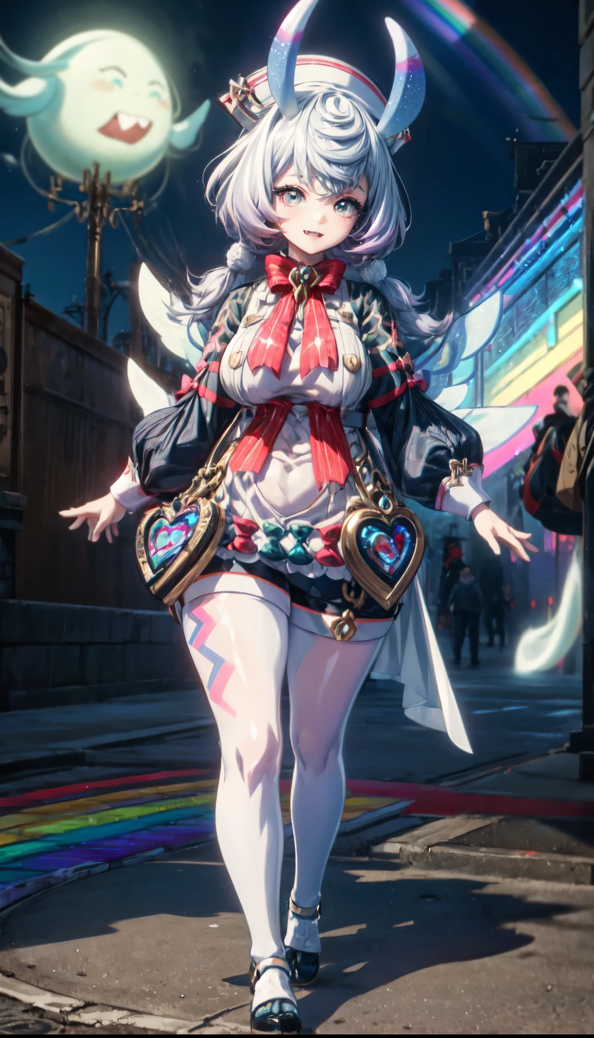 Feet, Fullbody,full-body shot masterpiece, detailed anime poster, (((head wings))), 1girl,solo elf pointy ears,huge breasts, ghost costume , (hitodama) ,night,,, long sleeves, very long sleeves, , ghost, pale skin,, off shoulder, cleavage, no bra, (((extremely long white hair))), bare legs, shredded tattered clothes, curvy wide hips, massive breasts, chubby thighs, (((beautiful rainbow colors anime eyes))), standing up, walking towards the camera, long model legs, fur coat, cute smile pointy fangs, side dress
