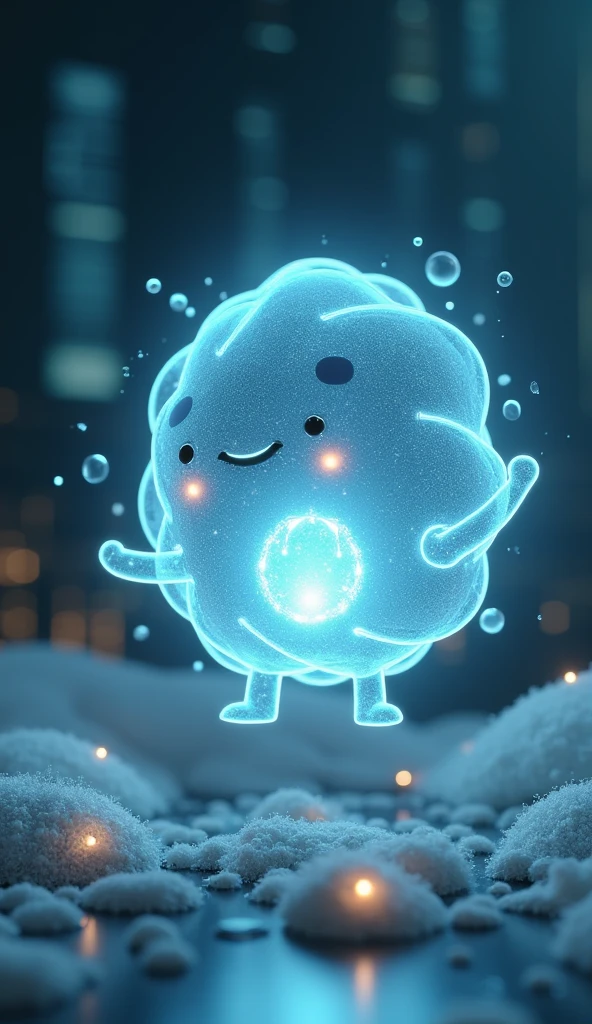 (masterpiece), (best quality), (high res) solo, (perfect anatomy) (perfect face, (Female slime), (slime girl), ager, (((transparent))), (gooey), (blue slime skin), (((glowing white irises))), (blue short shoulder length slime hair), wide hips, thick thighs, narrow waist, huge breasts, (fighting on the rooftop), (futuristic city), (night) ((transparent body)), smiling, ((slime)) ((blue slime body))