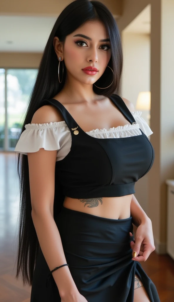 A girl with blue angel wings, riding a horse on the steppe, mouth open, sunlight shining on her face, eyes looking at the boy in front, her hair studded with tulips, her skin as white as peeled eggs, her hair long black braids, with large, seductive breasts. wearing a black bra, wearing a black maid outfit, posing, surrounded by a vast prairie and grazing horses