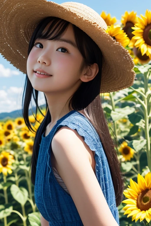 blue sky, Beautiful sky, Daytime view, Blue background, Professional director, Professional Lighting, (Highest quality, 12896k,masterpiece), Very cute small round face, Japanese Idol, Big Breasts, clavicle, White Dress, Ultra HD, (Photorealistic:1.1), RAW Photo, One Girl, Beautiful eyes, Very big breasts and big eyes, Black brown hair, Cute Sunflower Bandana, Are standing, Smile, Full body photo