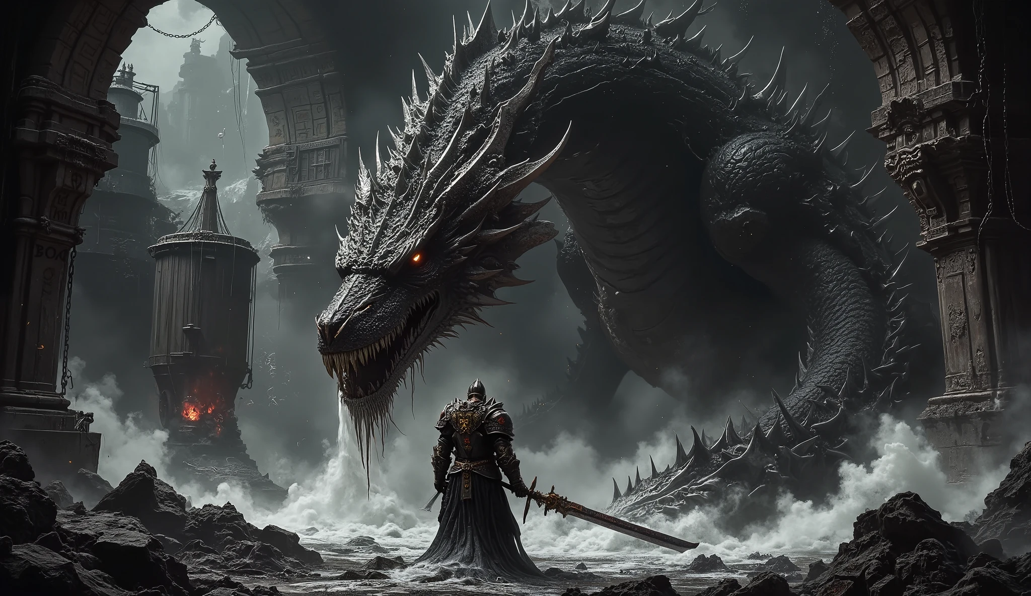 A nightmarish medieval battle deep within a forgotten, hellish brewery beneath a cursed castle. The stone walls weep black mold and bloodstained condensation. Chains clatter from the ceiling, and shattered barrels leak rancid ale into a bubbling mire of rot and bone. A towering black dragon slithers between the ruined vats, its eyes glowing like dying embers, its maw pouring molten tar so thick it drowns the screams of the dead. The tar pulses with cursed life, consuming everything it touches. Across from it stands a lone dark knight, cloaked in torn, soot-covered armor, his flesh scarred and corrupted, holding a rusted greatsword engraved with forbidden sigils. His breath clouds the air as he prepares for what may be his final stand. The brewery glows with sickly torchlight and hellfire, casting twisted shadows of death and madness. Style of medieval dark horror, ultra-detailed, grim realism, gothic nightmare atmosphere, despair and ruin everywhere.