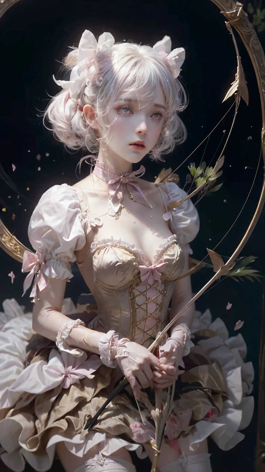 Silky Hair, round face, ribbon, Sensual Magical Girl, madoka kaname, choker, Big Breasts, Cleavage , ((Bow and Arrow)), pink ruffle dress +white apron dress, (white knee-high stockings), Turn over the skirt, The best timing, up skirt, dynamic, ultra high def , 32K,