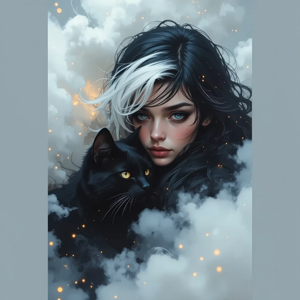 A young woman with black and white hair, holding a black cat close.  pale skin,  Blue eyes,  subtle makeup,  and the melancholic expression.  Close-up, Medium plan.  The woman's gaze is slightly down, embodying the mysterious aura.  Deep rich black and white, falling in, with the blowing wind.  The cat's hair is smooth and shiny black, with bright,  golden yellow eyes .  and a woman , and the cat is decorated with sparkling particles, resembling stars or dust.  soft, The muted colors of the cool palette, including deep blue tones, dark gray, and warmth,   Gold highlights  , to dominate the image.  The atmosphere is dreamy and evocative, with light clouds of light gray and white smoke or fog, swirling around subject.  Bokeh effect, created using out-of-focus light sources, enhances depth of field and adds dreamy,  ethereal quality .  fantasy , dreamy atmosphere, hair and gothic charm permeate the.  The composition is focused on a woman and a cat, image with a soft focus on background elements.  The lighting is soft and diffuse, with a soft glow, emphasizing the subject's facial features.  The style is like a digital painting or graphic art, with an emphasis on rich texture and emotional details.  Subject , Seems, style is immersed in thought. The general mood is dark and thoughtful, but still serene and fascinating.  High contrast between dark objects and a light background.  Technique and stylistic elements evoke a combination of fantasy art and portrait painting.