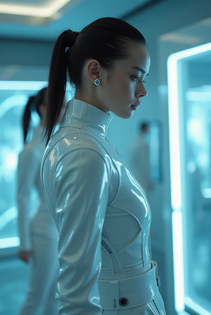 wearing a gray suit, Wearing a tight suit, A beautiful Japanese woman wearing a futuristic gray suit, smooth gray tight suit, gray leotard, Star Wars Imperial Agent, Female Stormtrooper, Close-up shot of half body, gray cyborg fashion shot, The tight-fitting suit, Close-up shot from behind, Wearing a shiny gray、Black pattern、with black waist design、belt、