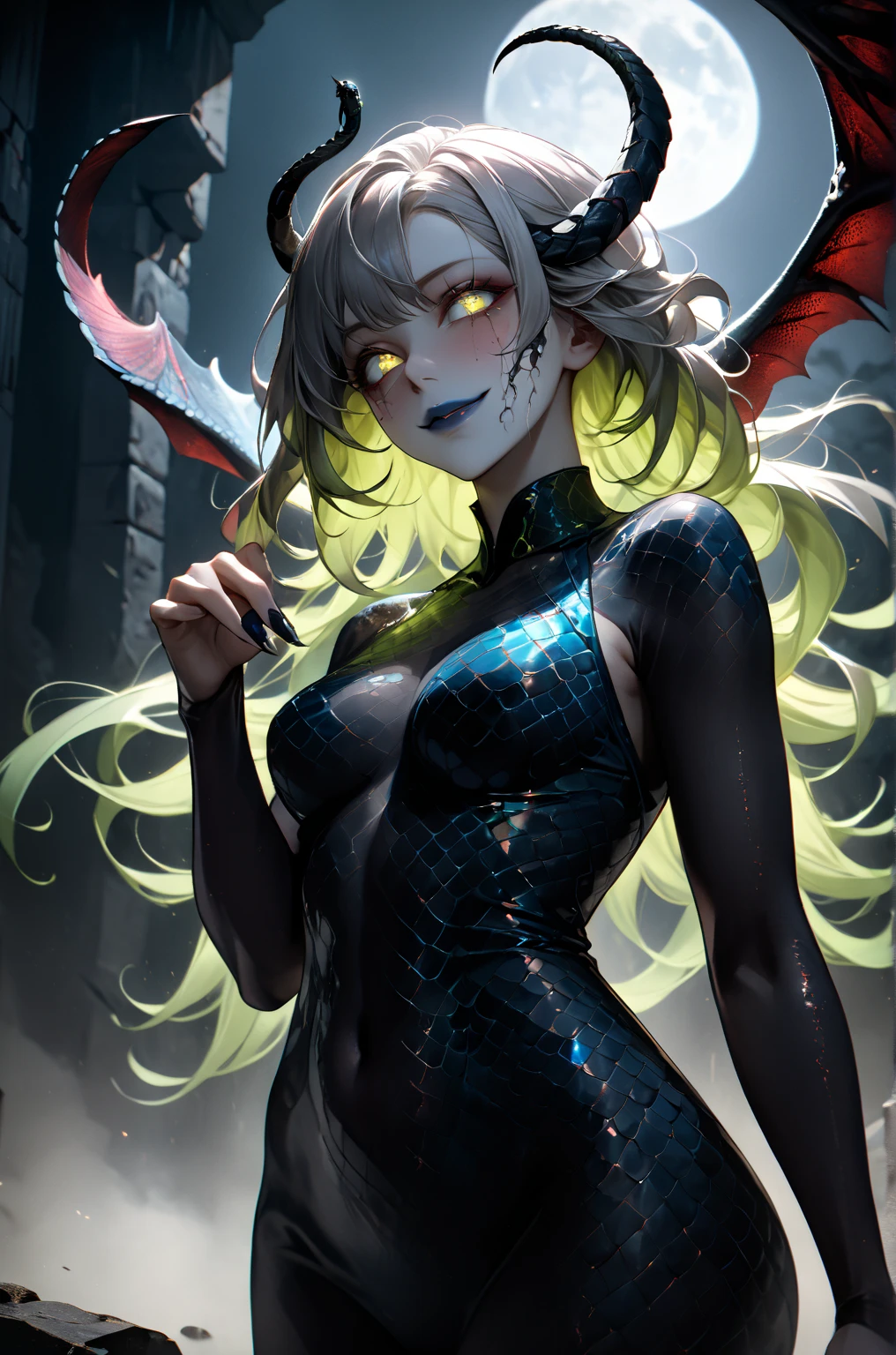 masterpiece, best quality, 1girl, (loli), goddess, leaning forward,vampire, petite, revealing clothes, sideboob, small breasts,,yellow eyes, twintails, (grey skin), wings, colored skin, solo gold, intricate, contrast