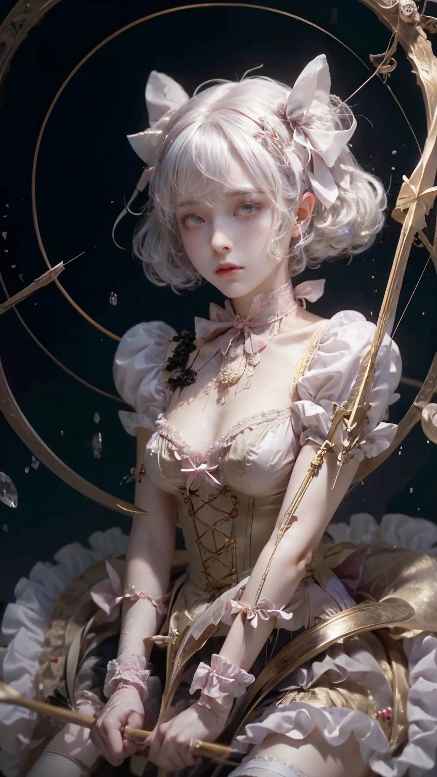 Silky Hair, round face, ribbon, Sensual Magical Girl, madoka kaname, choker, Big Breasts, Cleavage , ((Bow and Arrow)), pink ruffle dress +white apron dress, (white knee-high stockings), Turn over the skirt, Best Timing, up skirt, dynamic, ultra high def , 32K,