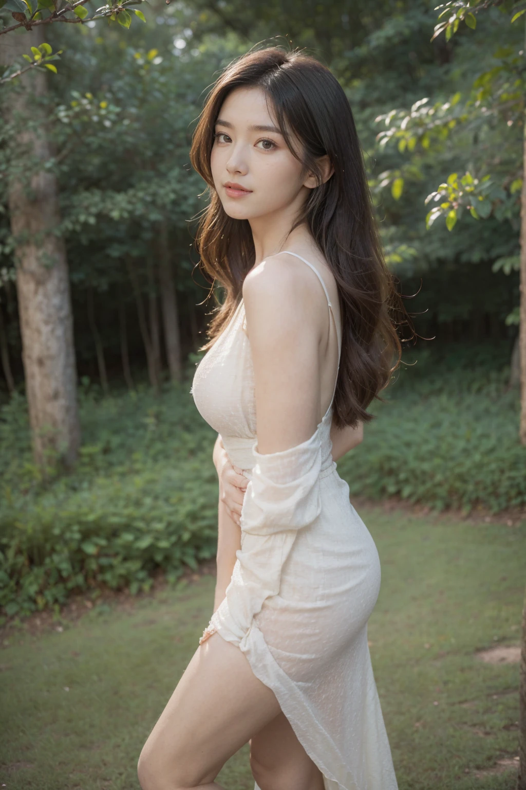 A beautiful Ukrainian woman, body of the most beautiful Brazilian, RAW photo, beautiful pair of shapely legs, pale white skin, long and straight black hair, the most beautiful face, highly detailed, taking care of the garden at the back of her house, ((wearing a tight red  dress without a bra)), large, saggy full breasts, (highly detailed skin: 1.2), we can see the shape of her breasts through clothes, hard nipples, 8K Ultra HD, dslr, soft lighting, high quality, film grain, Fujifilm XT3,