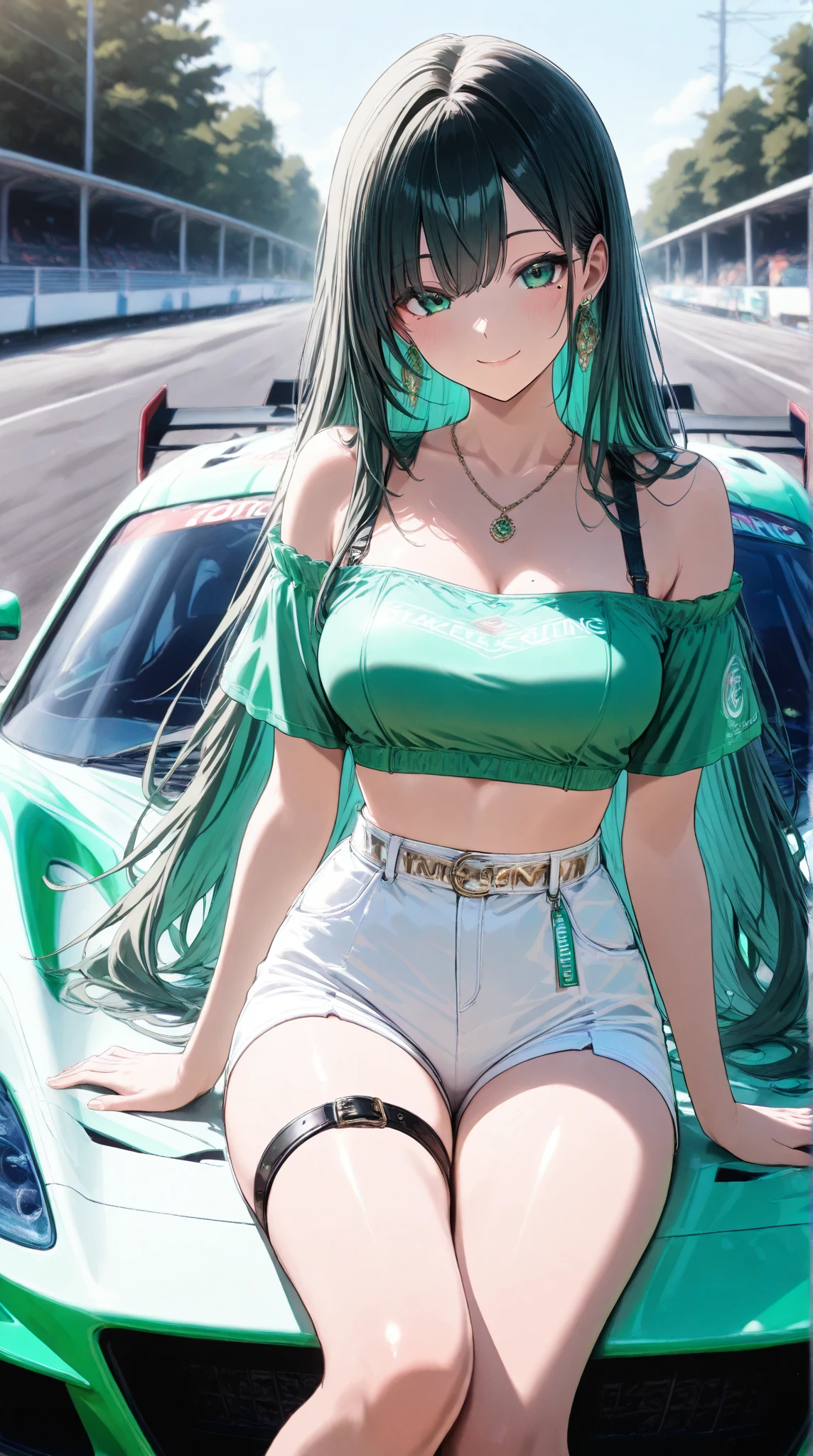 smile, hand on car, wrench, adult, , mature, cleavage, green hair, long hair, braided, flower in hair, pink tank top, black baggy pants, goggles on head, midriff, dirty, garage, in front of car, fixing car, rag, sweating,, dirty, ultra-detailed, absurdres, unreal engine, masterpiece, best quality, beautiful eyes, volumetric lighting, silky_hair), best quality, ultra-detailed, looking at viewer, highres, 8k wallpaper, extremely detailed, smooth lighting, 8k, depth of field, masterpiece, cinematic lighting,,1girl
