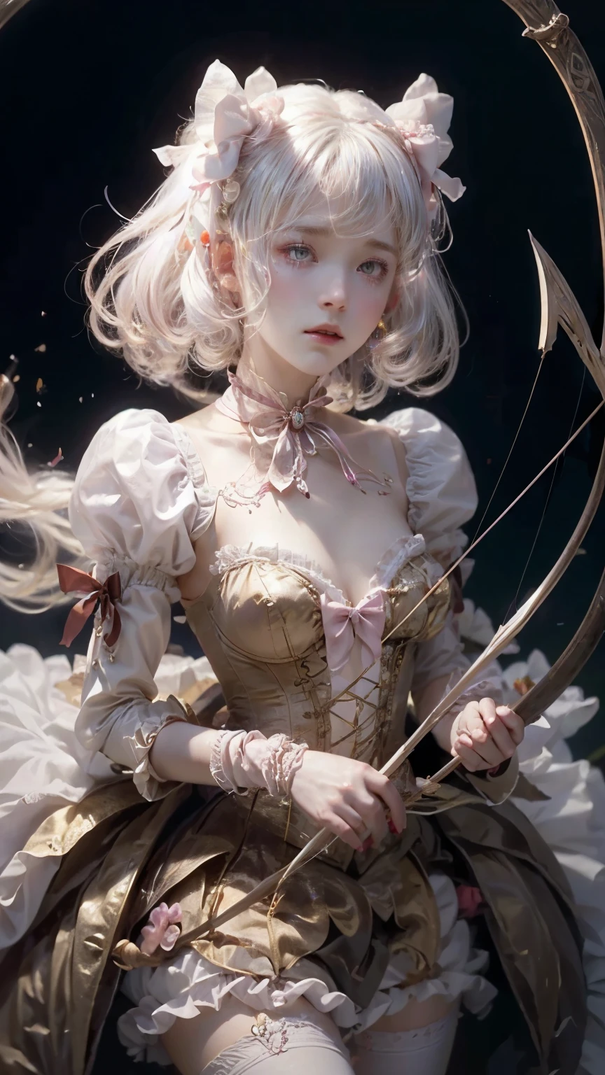 Silky Hair, round face, ribbon, Sensual Magical Girl, madoka kaname, choker, Big Breasts, Cleavage , ((Bow and Arrow)), pink ruffle dress +white apron dress, (white knee-high stockings), Turn over the skirt, Best Timing, skirt lift, dynamic, ultra high def , 32K,