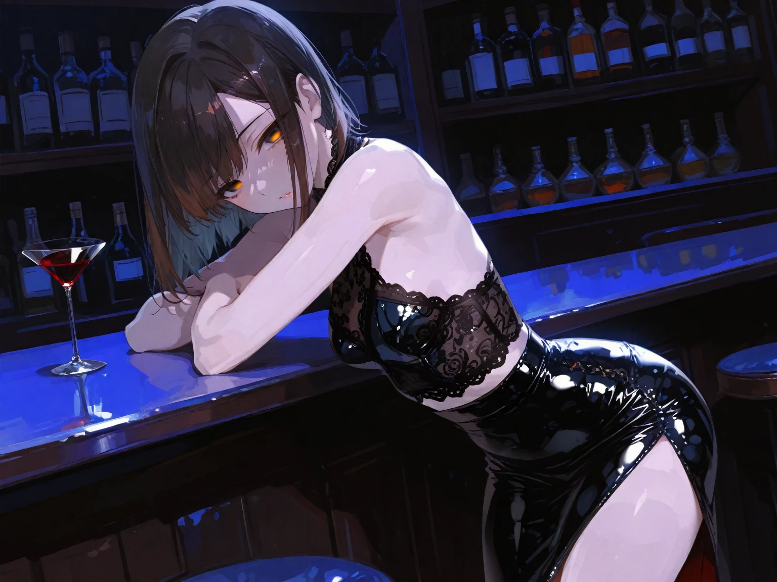 best quality, 4K, high resolution, masterpiece:1.2, Extremely detailed),Flirty Expression looking at the camera,Large Breasts, solo,black hair,long hair,Blue eyes,,sitting,drinking,((Mature sexy body)),Black stockings,Black tight skirt, Mature sexy body, indoors, (dimly light room), Detailed background,Fluffy hair,((((Night scene background))))), (Shiny and glowing, Effect:1.2)