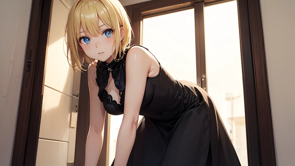 memcho, memcho, blonde hair, blue eyes, blunt bangs, demon horns, fake horns, horns, short hair,
BREAK halterneck, see-through, blue necktie, black shorts, ???? shoulders, white dress, detached sleeves, thigh strap,
BREAK looking at viewer,standing, leaning forward, (arms behind back:1.2),
BREAK indoors,
BREAK (masterpiece:1.2), best quality, high resolution, unity 8k wallpaper, (illustration:0.8), (beautiful detailed eyes:1.6), extremely detailed face, perfect lighting, extremely detailed CG, (perfect hands, perfect ???????),