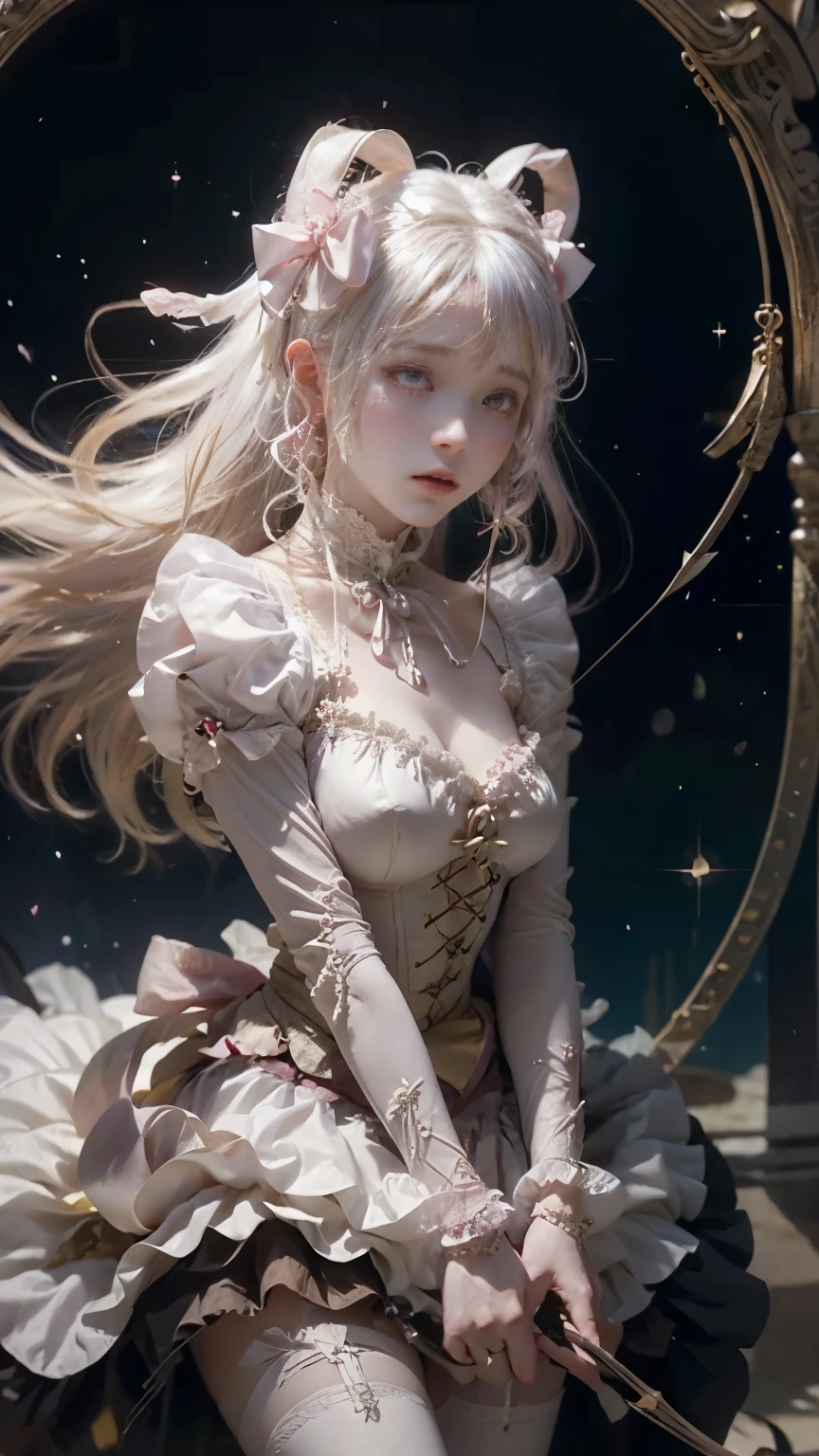 Silky Hair, round face, ribbon, Sensual Magical Girl, madoka kaname, choker, Big Breasts, Cleavage , ((Bow and Arrow)), pink ruffle dress +white apron dress, (white knee-high stockings), Turn over the skirt, Best Timing, skirt lift, dynamic, ultra high def , 32K,