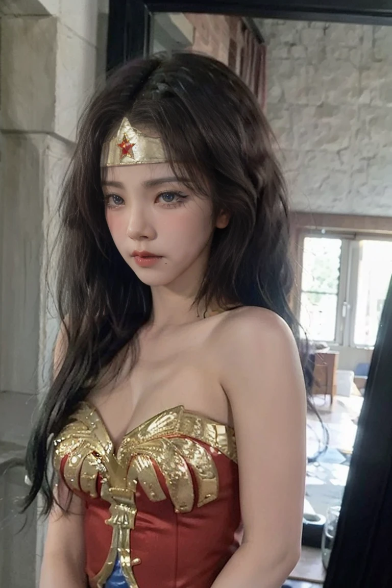 ((midynight, Need, 8k, tmasterpiece:1.3)), full bodyesbian, Long legs, Focalors:1.2, perfect figure beautiful woman:1.4, Slim abs:1.1, ((Dark brown hair, huge tit:1.2 )), ((wonderwoman thight, standing on your feet:1.2), ((city night scene, the roof:1.3)), Highly detailed facial and skin texture, detailed eyes, double eyelid,Low angle overhead shots of blue skies and white clouds, ((huge breast)) 
