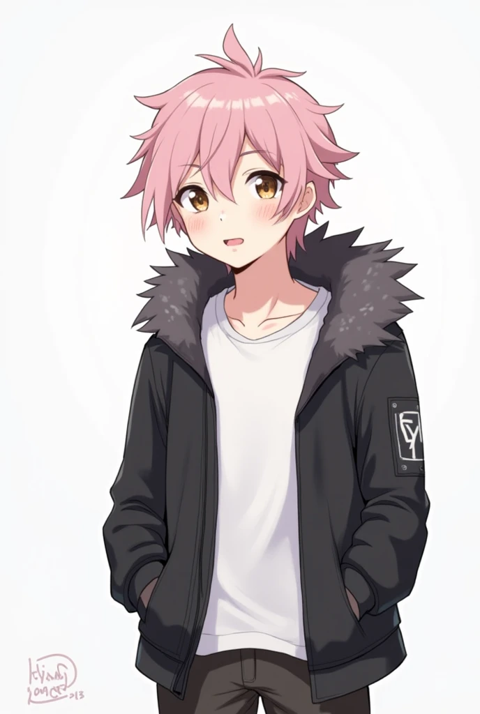 Saika have ,he is a boy, he has short striking pink hair that falls in soft waves around his face, complementing his vibrant purple eyes. His features are sharp and defined, with a youthful charm that is accentuated by his slender build. He often wears a stylish black jacket over a graphic t-shirt and jogging àd sometimes tight, completing his edgy and modern look, he is in his bedroom. He blush a bit
