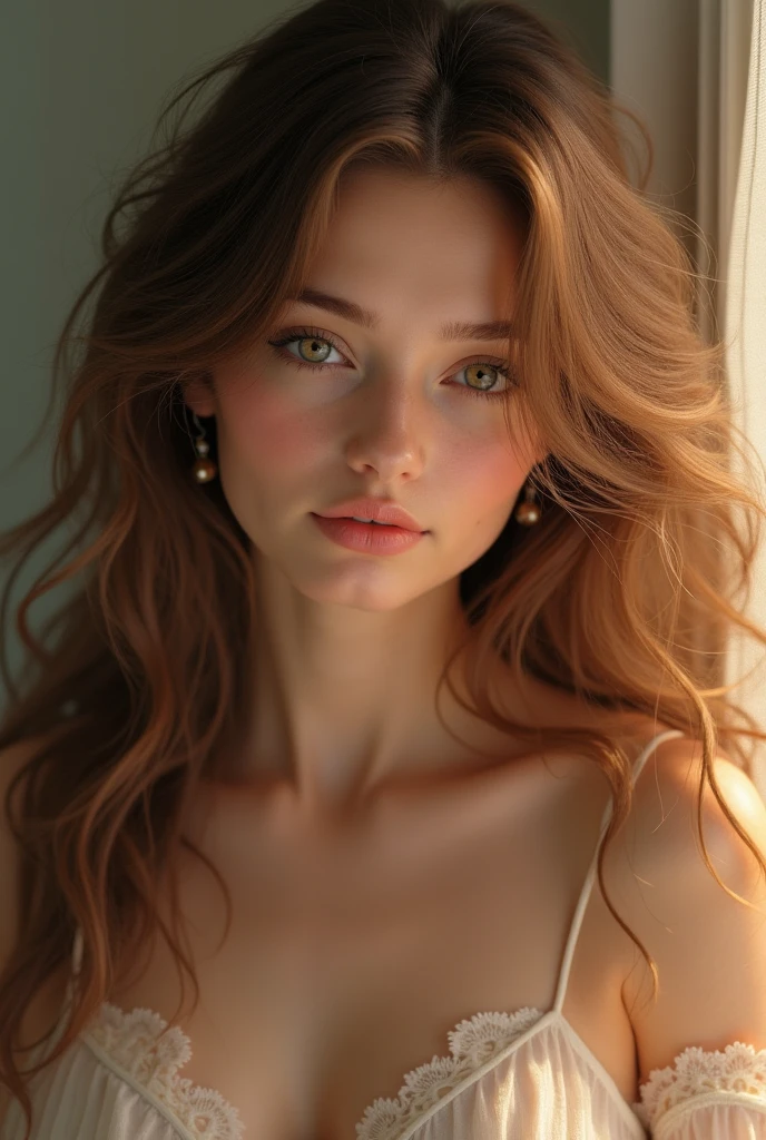 8k, raw photo, best quality, masterpiece, realistic, photo realistic, clear, professional lighting, beautiful face, best quality,ultra high res, realistic european beautiful, brown eyes, wavy red hair, cupid's bow lips, soft expression,Super detailed, 1girl, indoor, dutch angle