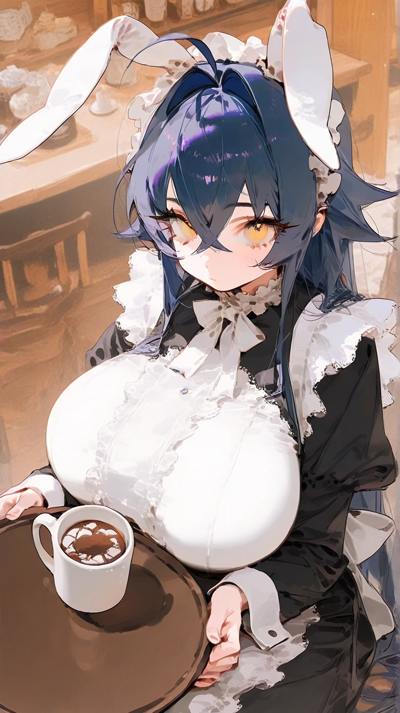 mastute piece,Best Quality,insanely detailed,8k cg,nsfw,
shoot upper body,(body in front:1.1),
1girl,standing,looking at viewer,(waitress,apron),bare breasts,
break,blush,shy,trembling,Light blue hair,long hair,(large breasts:1.2),open mouth,(Coffee shop),