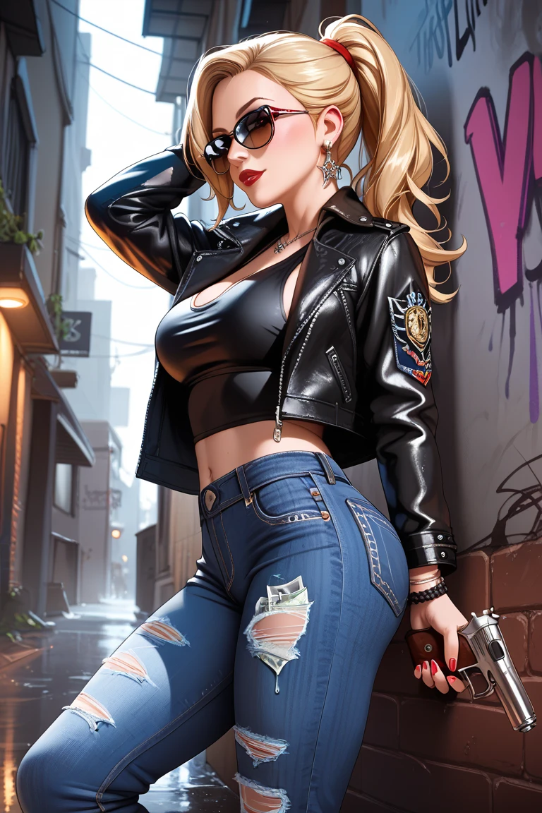 (masterpiece), (top-quality), sunset, natural lights, ,(realistic:1.5), Stunningly beautiful policewoman, blonde hair, blue police uniform, black wrapped short, skirtlong, dark_brown hairtanned, tattoos, wearing an unbuttoned police uniform, cleavage, sexy, sensual, hazel eyes, smiling, sexy pose, athletic, looking at viewer, eye contact, stunningly beautiful 20 years old polcewoman, modern day metropolis, night time, neon lights, evening, patrol, policecar in background, dynamic pose, action pose, detailed modern day city in background, alluring, seductive_pose, natural lights, cleavage, athletic body, medium breasts, upper body, mid shot, masterpiece, detailed, mature, bright colors, high saturation, stunningly beautiful girl, precise hands, determined expression, serious, courageous, brave, Clear eyes, Shining eyes,, ultra-definition, Top resolution, soft lightning smirk, sultry look, seductive,