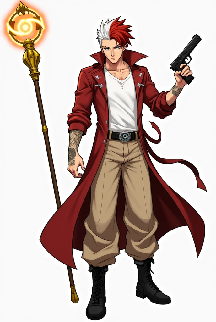 young man , long hair, wearing a bandana on his forehead, shirtless, wearing jeans and barefoot, a sword stuck in the ground beside him, standing , Counterplong,