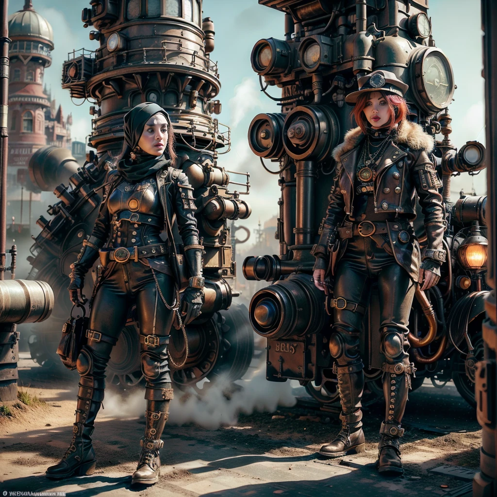 a woman in a steampunk security uniform inspects a sector of a dystopian futuristic city,hyper-realistic, hyper-detailed, photo-realistic, perfect-details, intricate-details, high quality