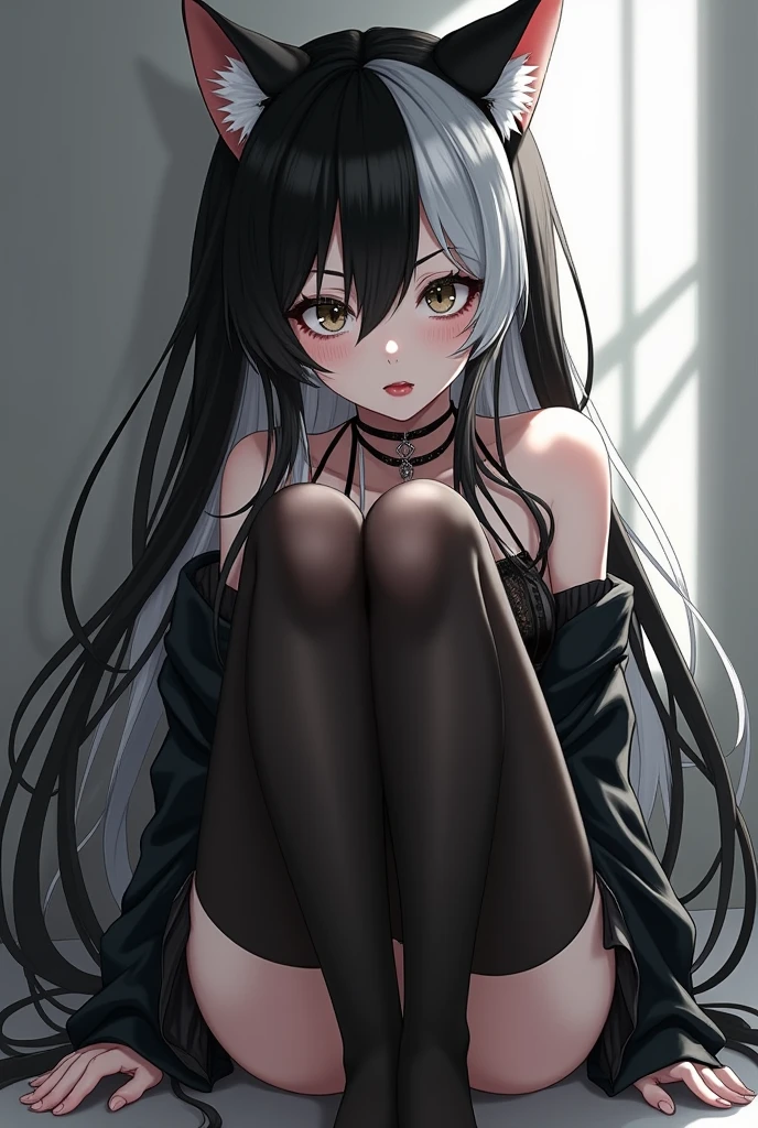 1 girl, pale skin, gray shoulder shirt with black stripe, with black panties, black socks, devil tail, black hair with long bangs, straight black horns, big , with red eyes and big lashes,
